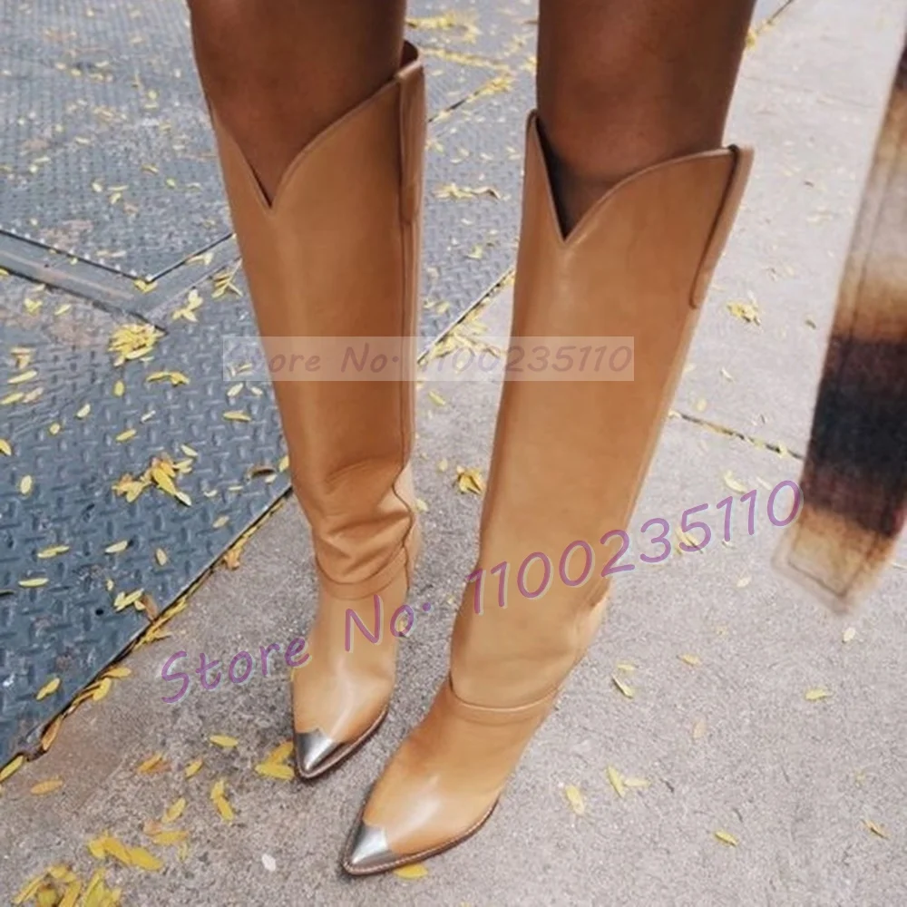 Women'S Fashion Knee High Boots - Светло-коричневые сапоги до колена с серебряным